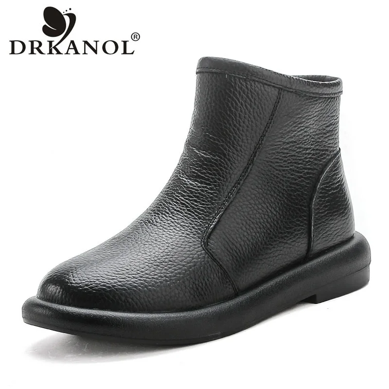 

DRKANOL 2026 Women Flat Heel Ankle Boots Winter Warm Plush Snow Boots Genuine Cow Leather Round Toe Zipper Casual Mother Boots