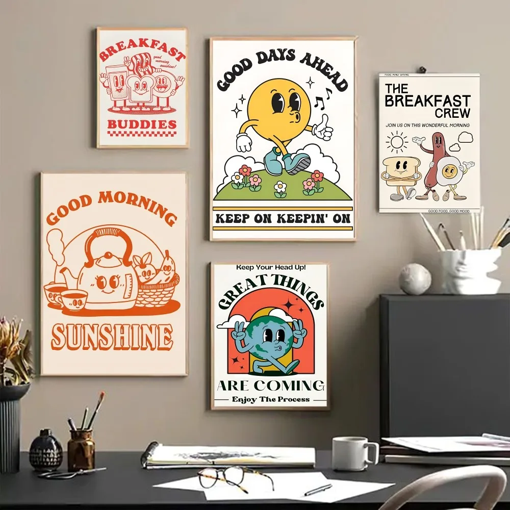 Retro Kitchen Food Cartoo Character DIY Sticky Poster Waterproof Paper Sticker Coffee House Bar Stickers Wall Painting
