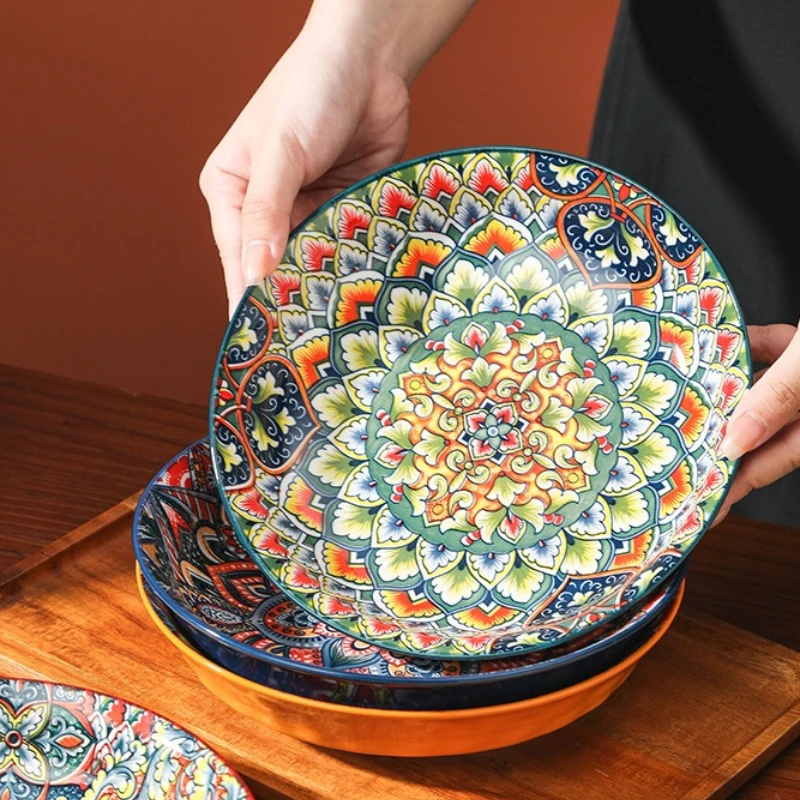 Bohemian Style Disc Mixed Color Underglaze Deep Color Plate Home Restaurant Heat-resistant Plate Decorative Tableware