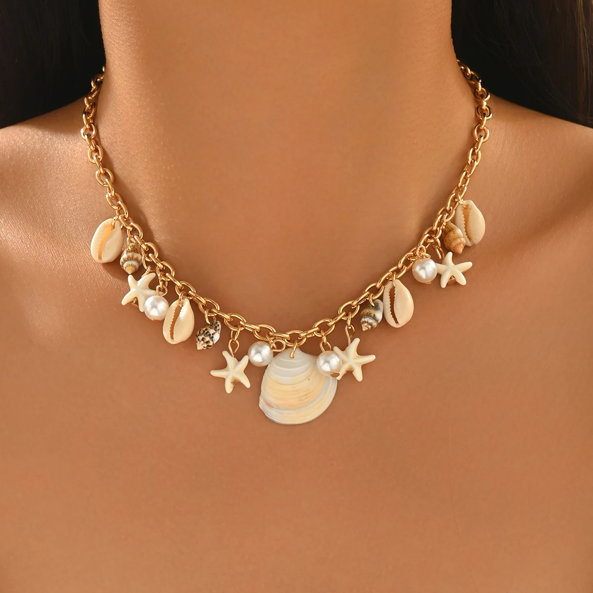 Women's Dainty Gold Choker Necklace Shell Cowrie Starfish Imitate Pearl Pendant Boho Summer Beach Vacation Daily Jewelry
