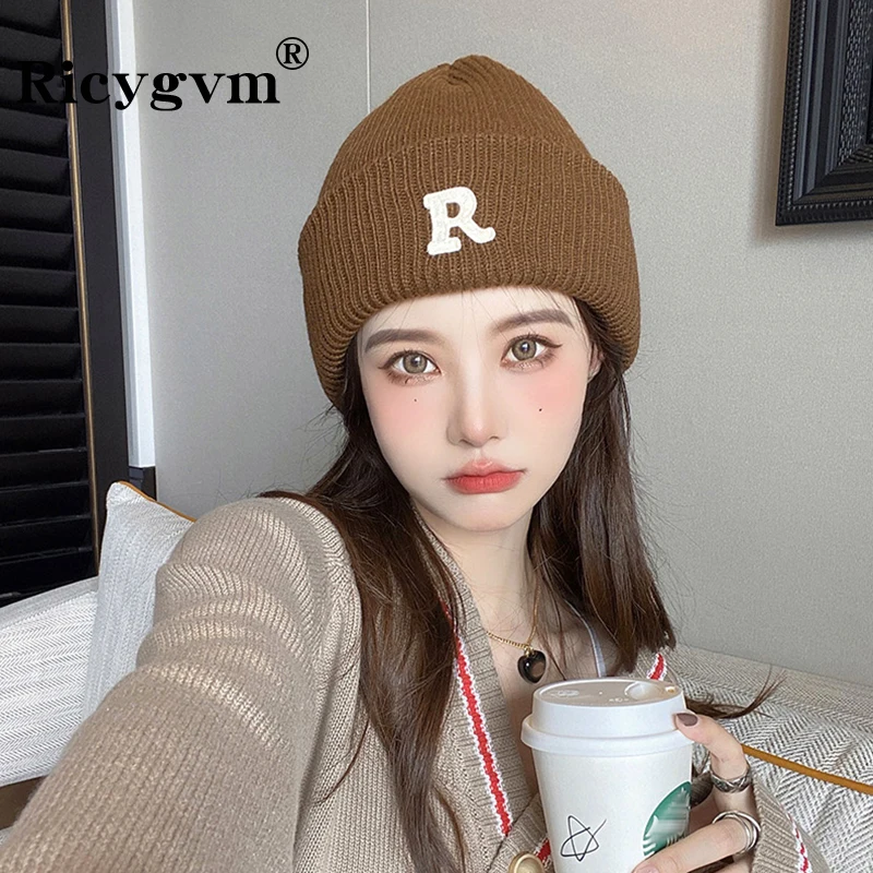 RICYGVM Fashion R-Letter Beanies For Women Winter Woolen Knitted Hat Korean Girl Warm Skullies Cap Solid Color Crochet Bonnet 모자