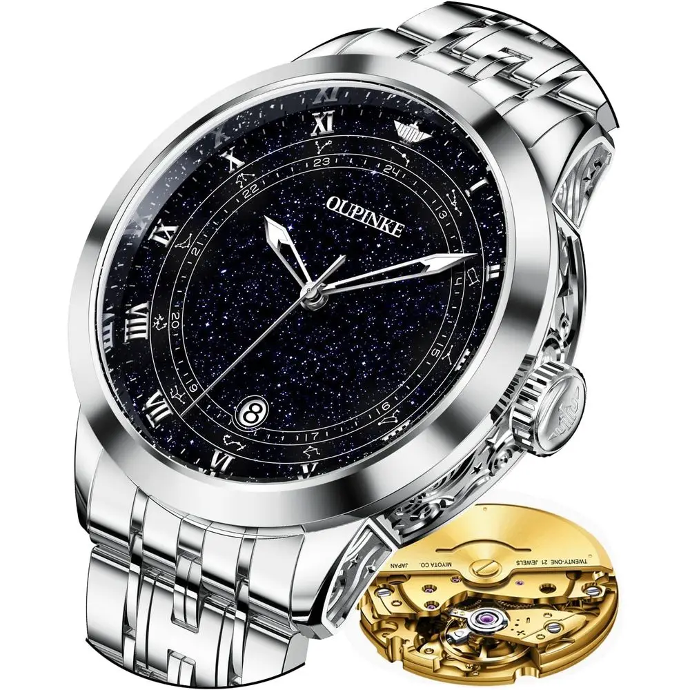 

Автоматические часы OUPINKE для мужчин, роскошные механические водонепроницаемые часы с сапфировым стеклом и люминесцентным циферблатом, датой и вольфрамовой сталью, наручные часы.
