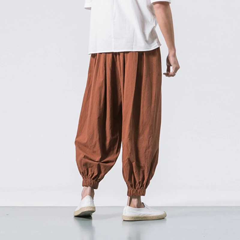 Men Solid Loose Casual  Chinese Linen Overweight Sweatpants  Solid Colors Loose Trousers Breathable Japanese Style  Elastic Wais