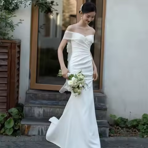 Fishtail Light Wedding Dress Forest Series Outdoor Wedding Bridal Welcome Outdoor Yarn Simple Satin One Shoulder Evening Dress