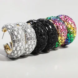 FishSheep Luxury C-Shape Crystal Hoop Earrings for Women Bohemian Colorful Acrylic Wide Hoops Fashion Party Jewelry