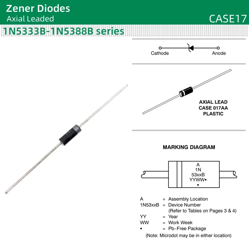 Diodos Zener CASE17, 1N5357B, 1N5358B, 1N5359B, 1N5360B, 1N5361B, 1N5362B, 1N5364B, 1N5365B, 1N5366B, 1N5367B, 20 unidades/lote