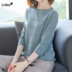 Spring Summer Loose Simplicity Solid Color 3/4 Sleeve T-shirt Women's Clothing 2023 Casual All-match Round Neck Knitted Tops