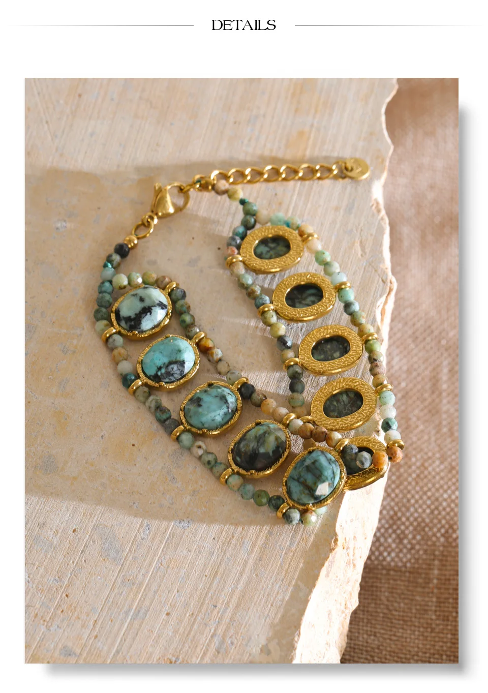 Yhpup Edelstahl-Armband mit natürlichen Türkis-Steinen, grünen Edelsteinperlen, handgefertigter Schmuck im Südwesten-Stil – Detail 6