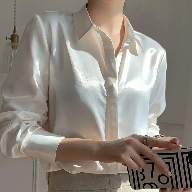 Lucyever White Imitation Satin Shirts for Women Korean Elegant Turndown Collar Silk Office Lady Blouse Solid Buttons Up Shirt