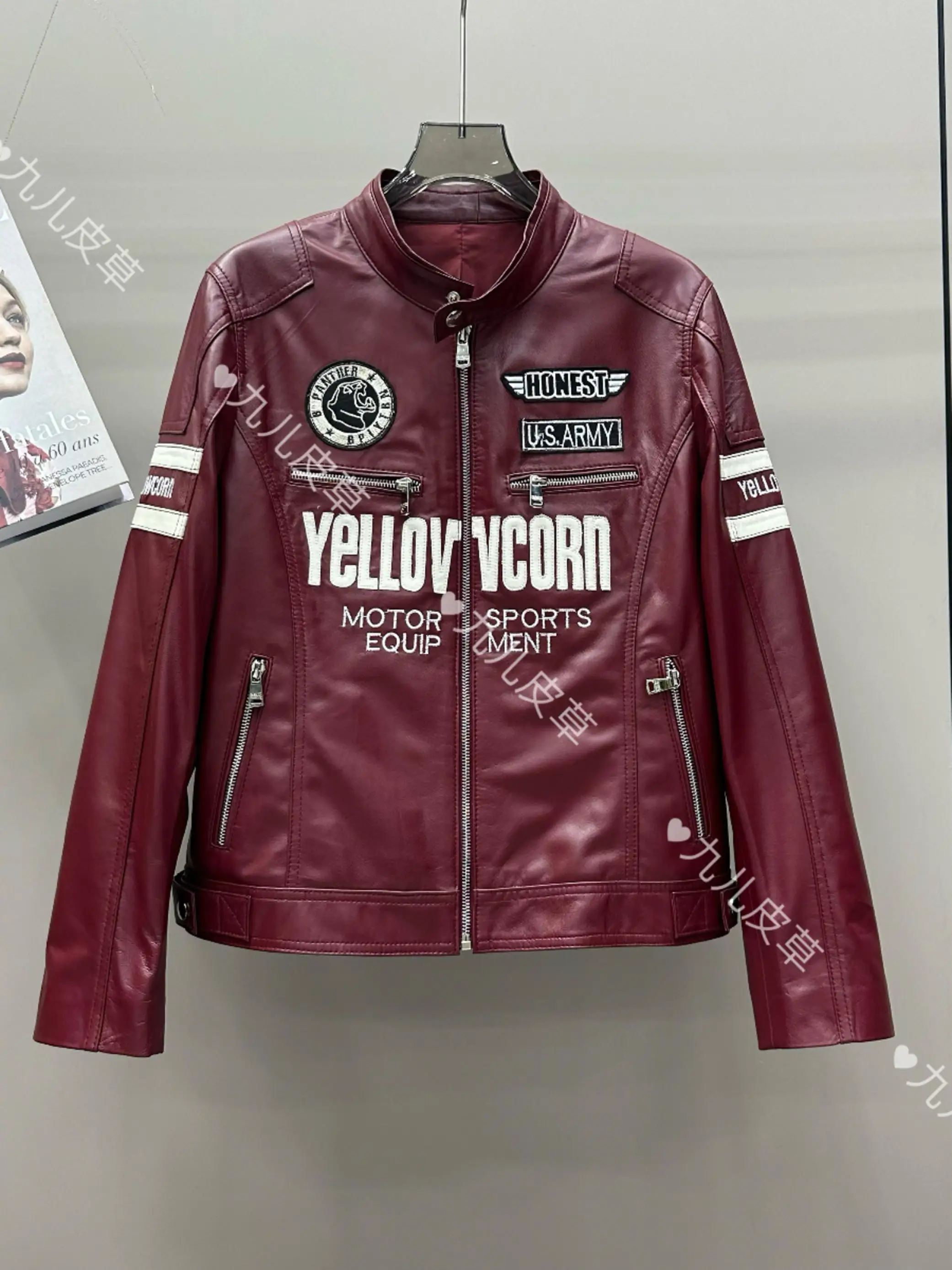 Kurtka motocyklowa plus size z prawdziwej skóry owczej, zapinana na zamek, z długimi rękawami, haftowana z motywem liter, w stylu biker, motor, punk, odzież wierzchnia.