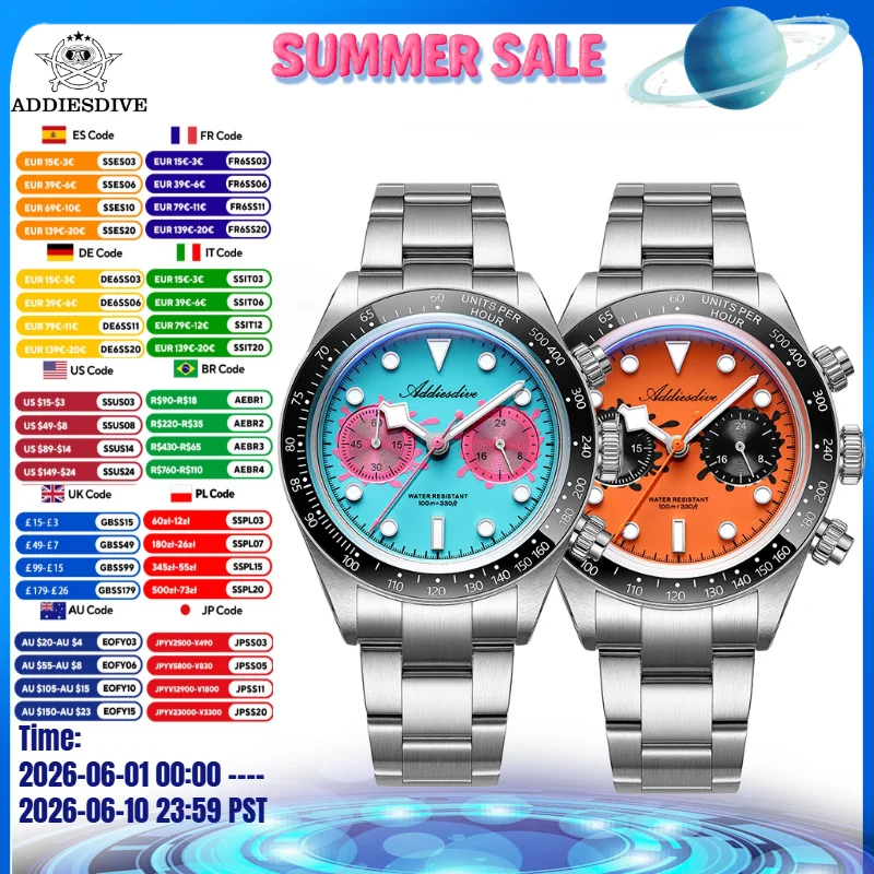 

ADDIESDIVE “Paint Bucket” VK64 Chronograph 40mm Watch For Men 100M Diving 316L Stainless Steel BGW9 Blue Luminous Quartz Watc