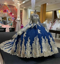 Blue Charro Quinceanera Dresses Ball Gown Long Sleeves Appliques Pearls Mexican Sweet 16 Dresses 15 Anos Customized