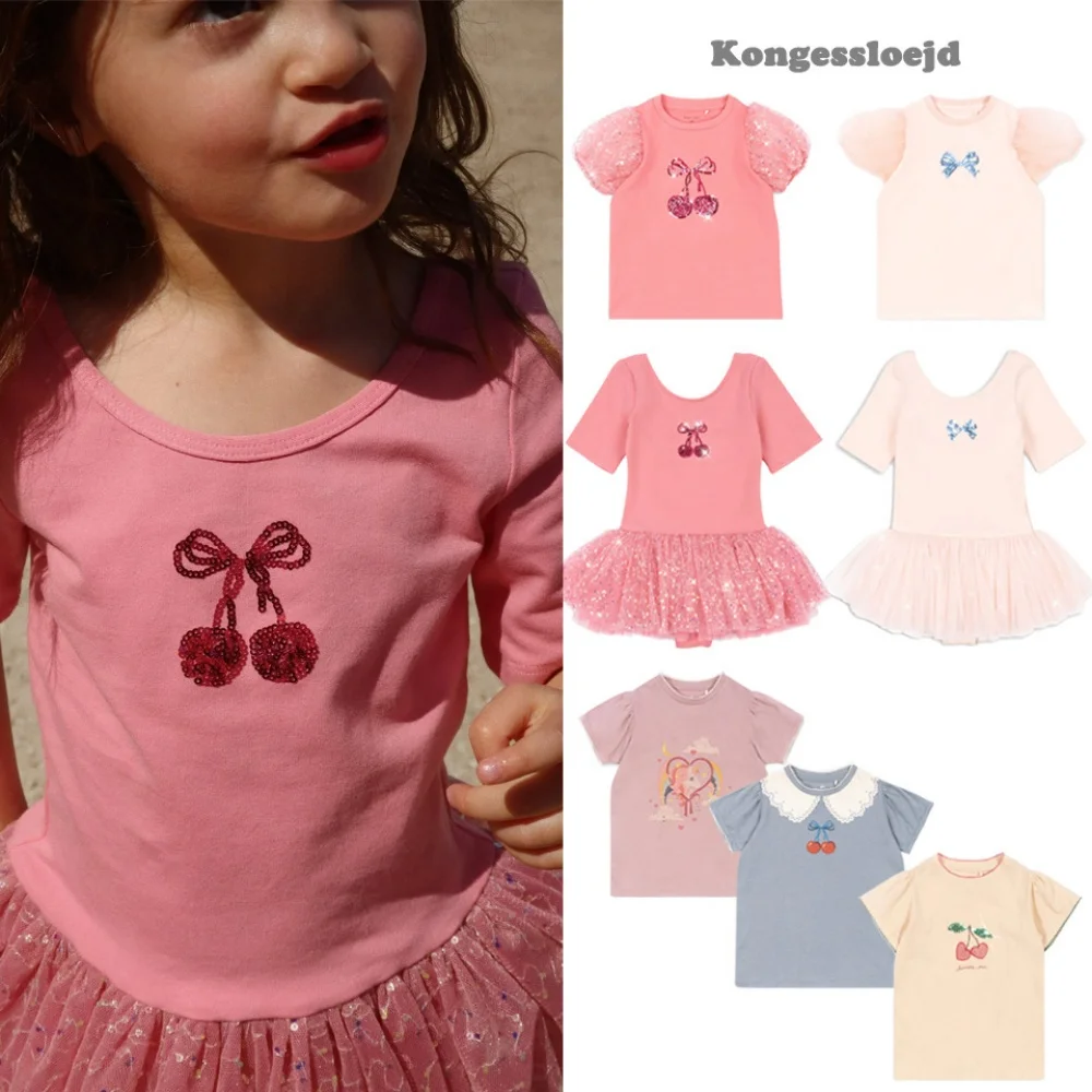 Summer New Arrival Girls' Cherry Lemon Sequin T-Shirt Short Sleeve Onesie Dance Costume with Mesh for Kids' Clothing