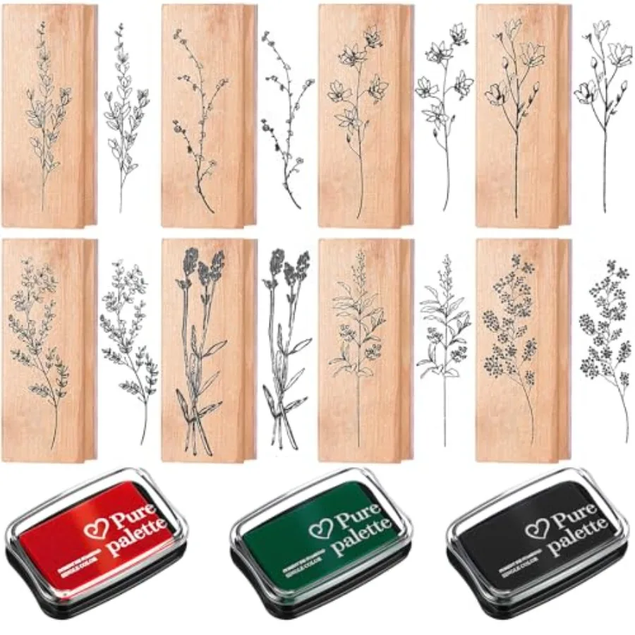 8 Pieces Vintage Rubber Stamps Decorative with 3 Colors Ink Pad Wooden Plant Flower Stamps Set for DIY Craft, Scrapbook, Letter