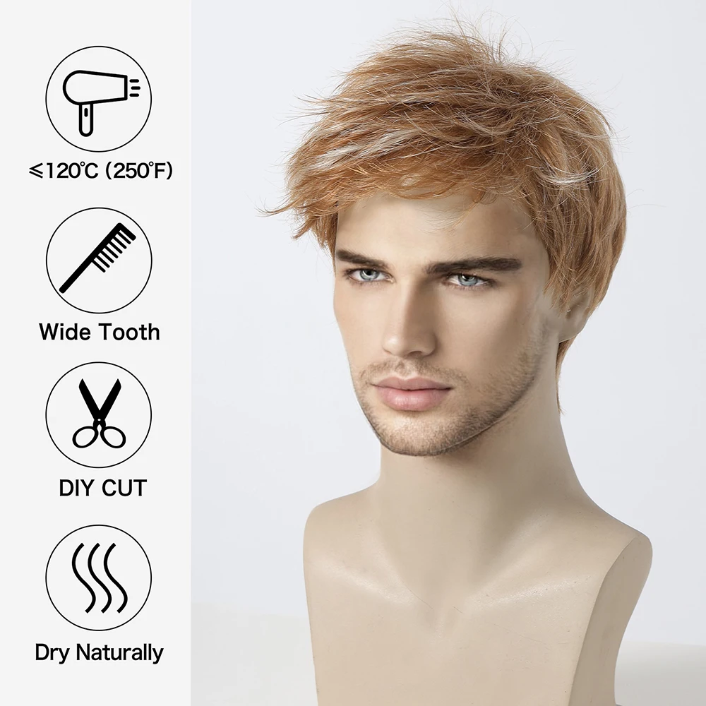 Synthetic Men Wigs Copper Brown Mixed Blonde Short Pixie Cut Mens Wig Layered Bob Wig for Daily Costume Cosplay Heat Resistant