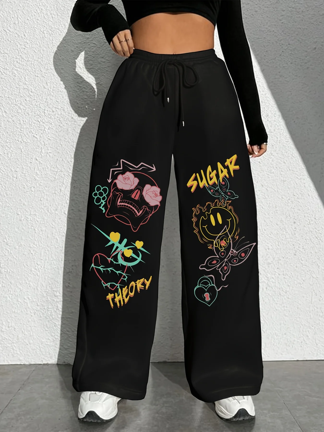 

Fun Graffiti Printed Casual Sportswear Pants, Drawstring Elastic Waist, Machine Washable Straight-leg Jogging Casual Pants