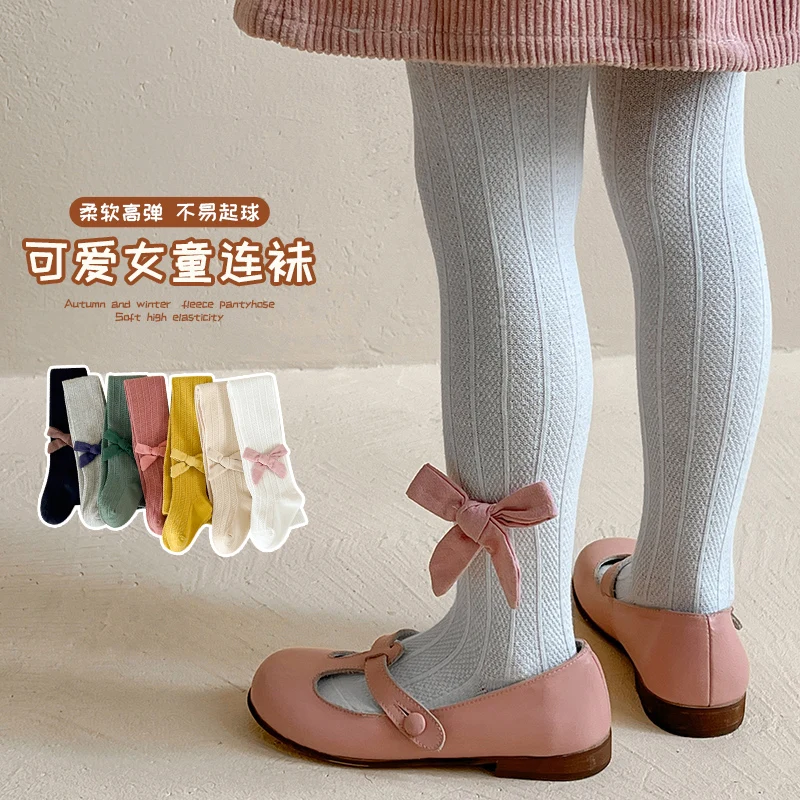 Princess Girls Macaron Color Knit Leggings Cable Twist Pattern Large Fabric Bow Decoration Comfort Elastic Breathable Pantyhose