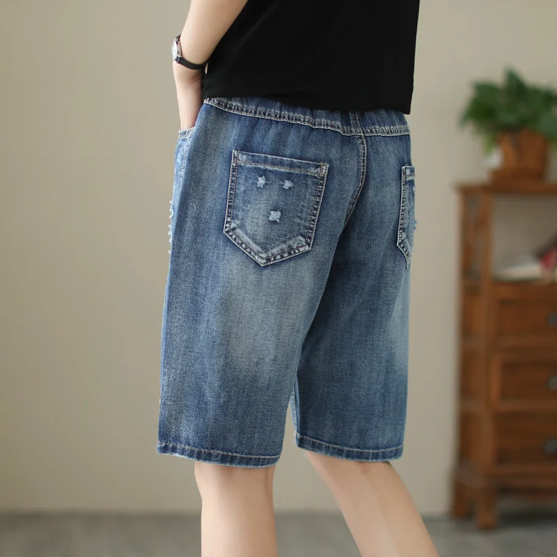 Summer Jeans Capris Vintage Embroidered Elastic High Waist Women's Knee-lenght Denim Pants Ripped Hole Loose Shorts Jeans