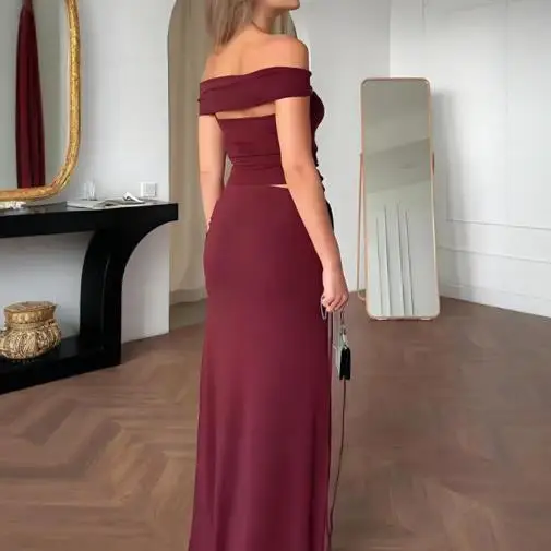 

2025 New Solid Color Sleeveless Backless Top with Straps, Hip Hugging Long Skirt Set