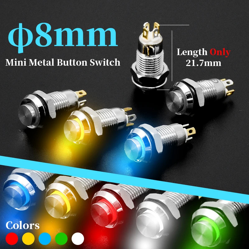 8mm Mini Colored Waterproof Metal Push Button Switch LED Light Self-locking/self Resetting