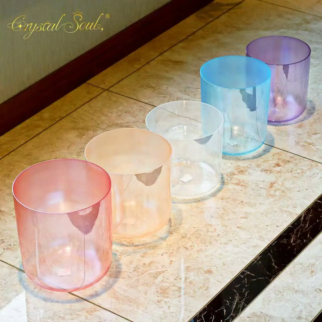 Crystal Soul Large Size 7-8.5 Inch Five Element Pearl Colored Alchemy Crystal Bowl Set Meditation Crystal Singing Bowl Sets