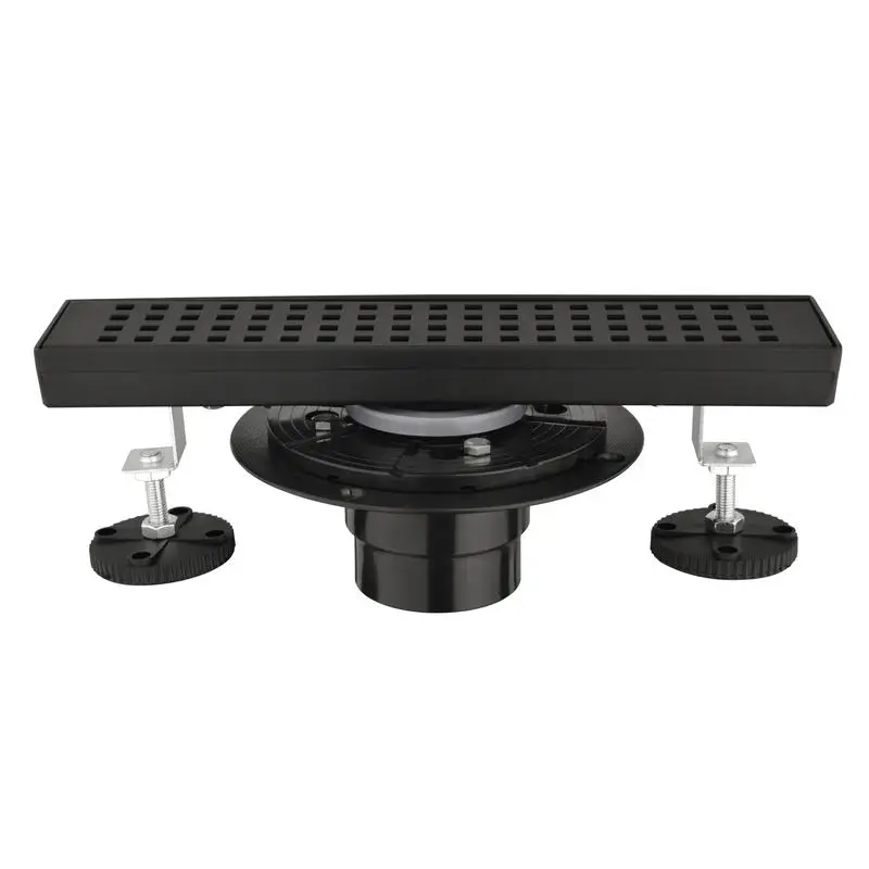 

12 Inch Linear Shower Drain with Removable Quadrato Pattern Grate, 304 Stainless Steel, Includes Hair Strainer and Leveling