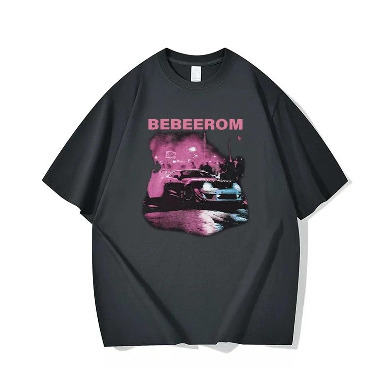 2026 Summer New American Retro Streetwear Men's Loose Casual Letter Racing Car Print Black Round Neck Short Sleeve T-shirt