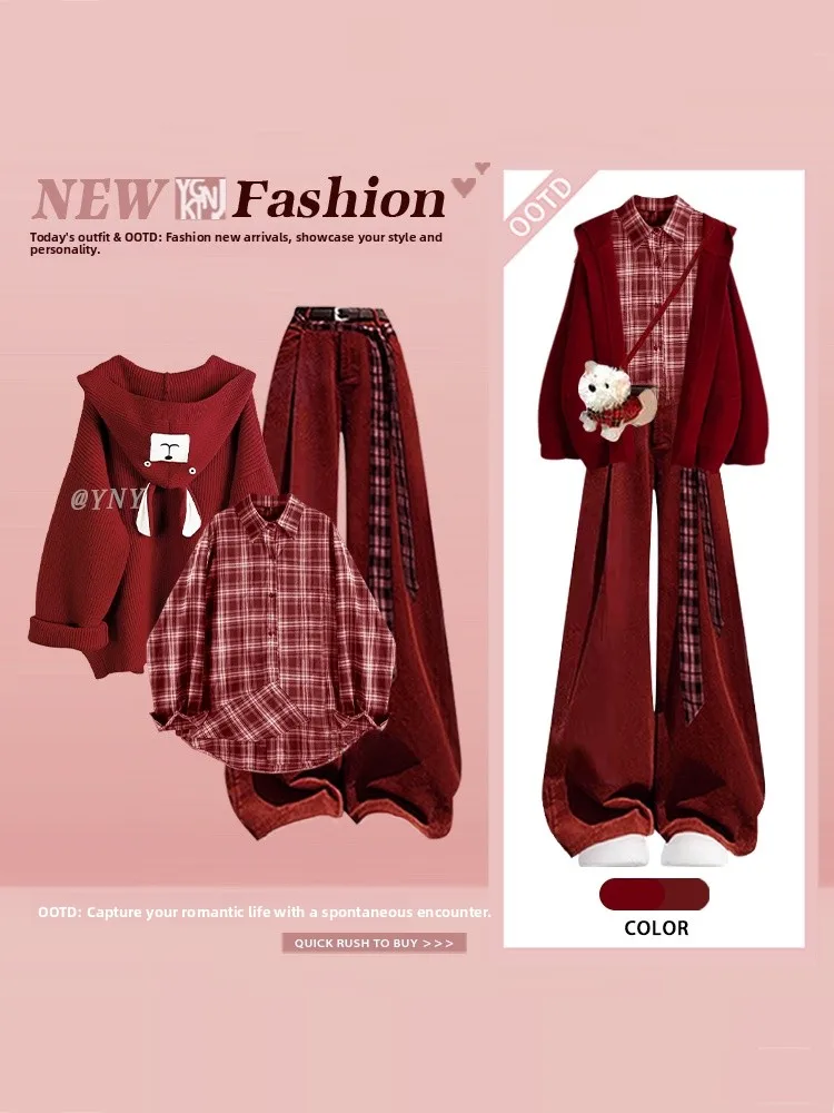 

Red Hooded Knitted Cardigan Plaid irt Wide Leg Pants Tee Piece Set Women's Winter New Year Anti Aging Aosphere Clothing