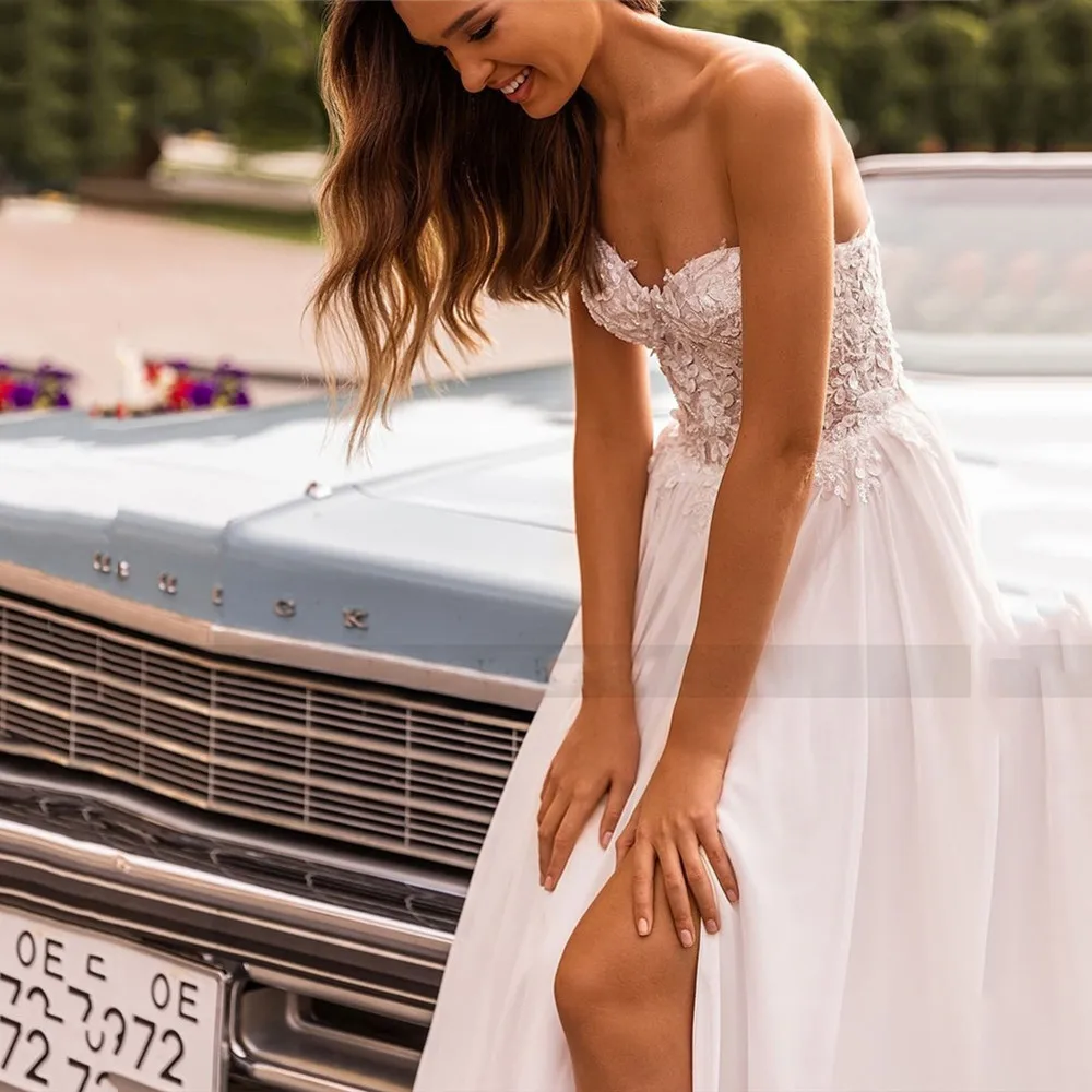 Vestido De novia De novia De playa sin tirantes De gasa con abertura Sexy sin espalda Apliques De encaje Vestido De novia tren Vestido De novia personalizado