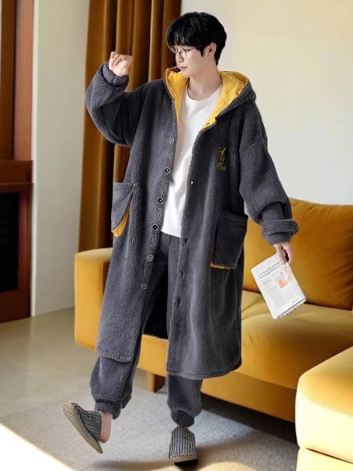 Abito invernale da uomo in corallo Fce Robe Spwear Abito lungo 300 Pou Size Grande casa Comoda fibra di poliestere a pipistrello