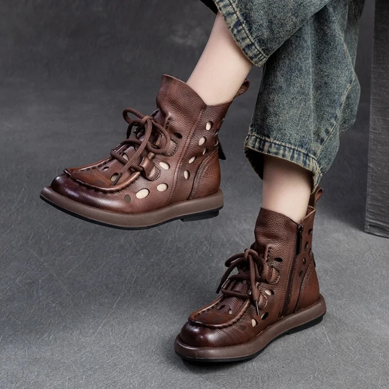 

2025 новый дизайн, женская летняя дышащая обувь, крутые ботинки с открытыми отверстиями, ботильоны на плоской подошве из натуральной кожи в литературном стиле