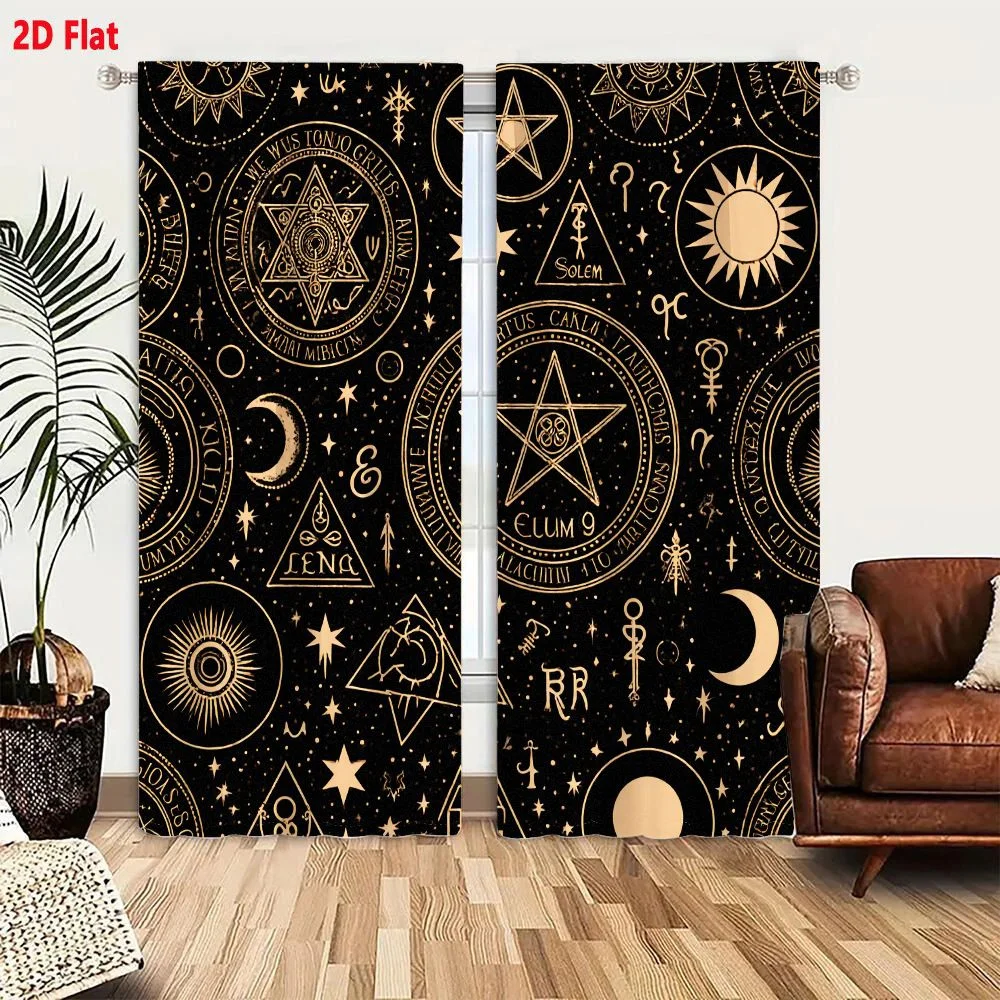 2Pcs Curtains 2D Flat Golden Occult Symbols Pattern Seamless Repeating Black Background With Pentagrams Circles Latin Inscriptio