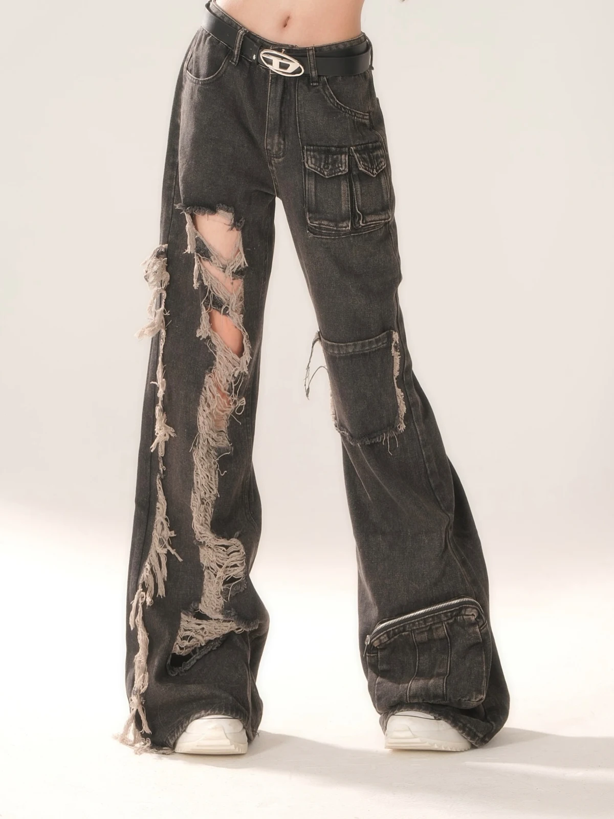 High Quality Hot Selling Wholesale Retro Distressed Distressed Workwear Jeans Women's High Waisted Personalized Wide Leg Pants