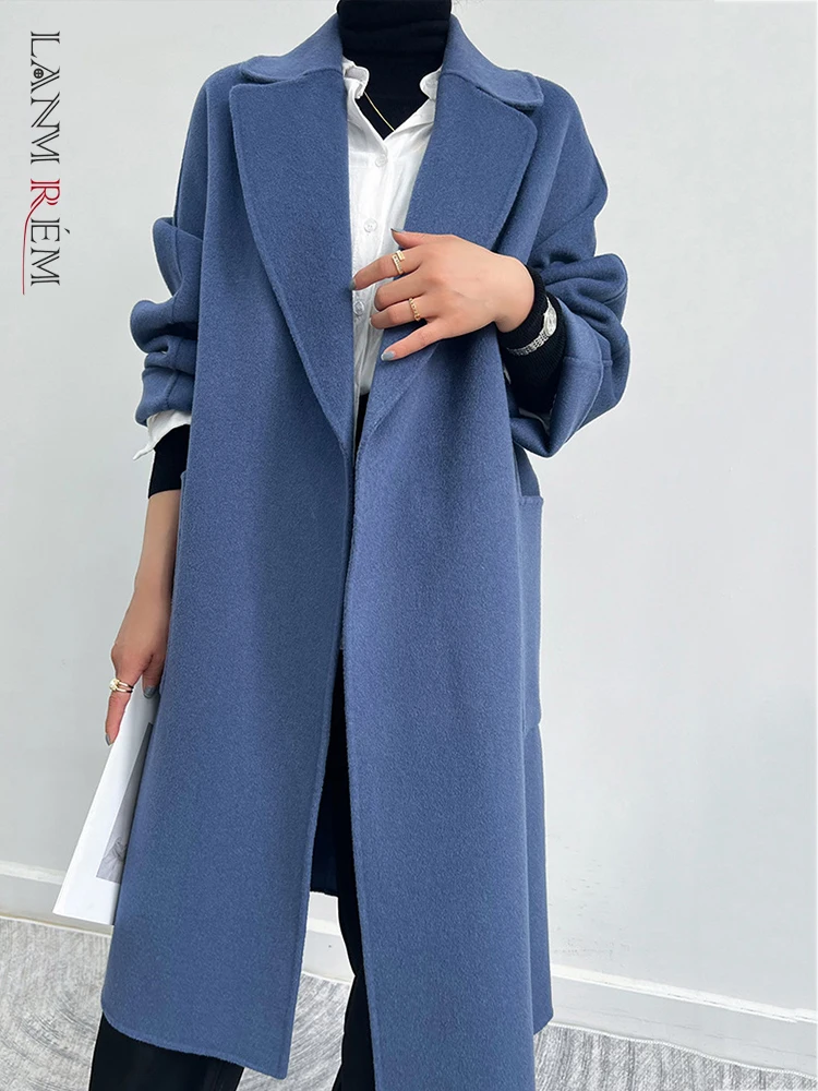 LANMREM Women Wool Coats Lapel Long Solid Color Belt Woolen Coats High Street Female Luxury Clothing 2023 Winter New 2DA1901