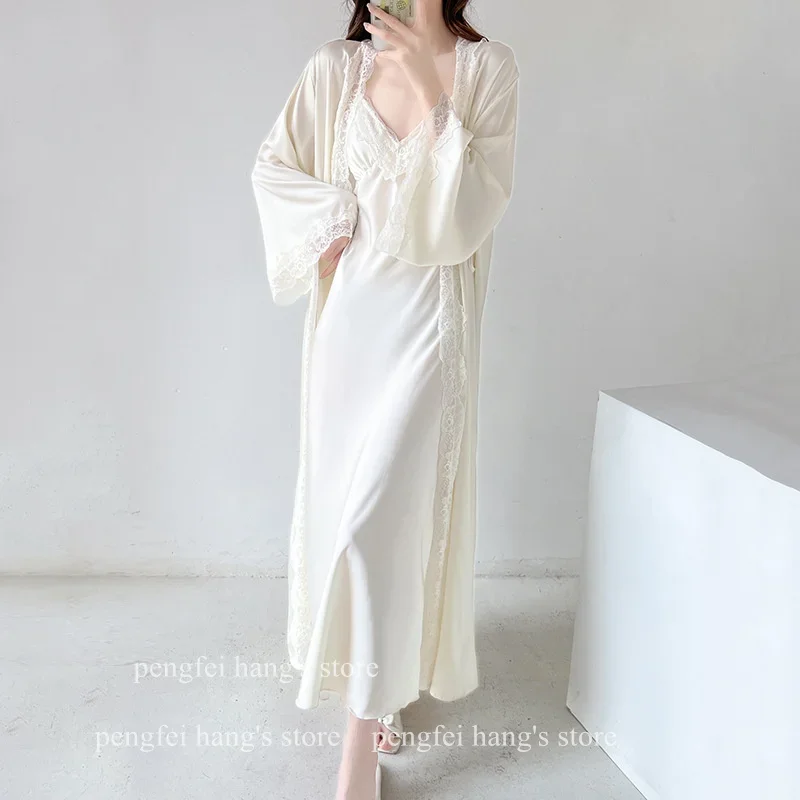 Long Kimono Bathrobe Set Elegant Home Dressing Gown Lady Elegant Satin Robe Suit 2Pcs Sling Nightdress Lace Trim Sleepwear