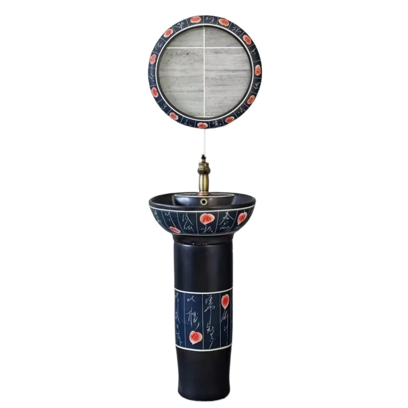 

Small apartment black ceramic column basin, bathroom wash basin, balcony wash basin, hotel floor-to-ceiling washbasin