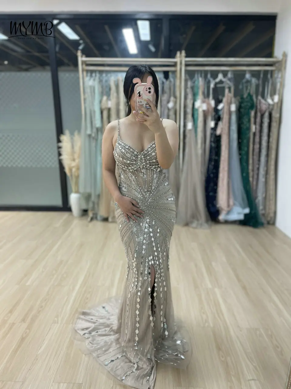 MYMB Nude Stunning Spaghetti Straps Sweetheart Neck Prom Party Dresses for Special Events Luxury Mermaid High Split Evening Gown