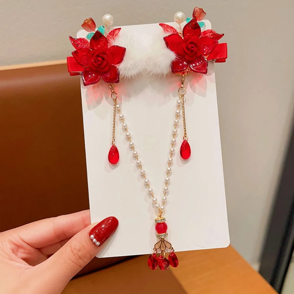 Princess Children's New Year Hairpin Hanfu Headwear Tang Suit Chinese Style Red Barrettes Tassel Sweet Ancient Style Hair Clip