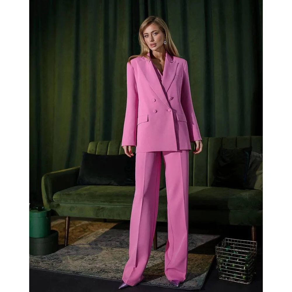 Classy New in Rose Red Women's Suits Double Breasted 2 Pieces Jacket Pants Female Clothing Smart Office Banquet Lady's Costume