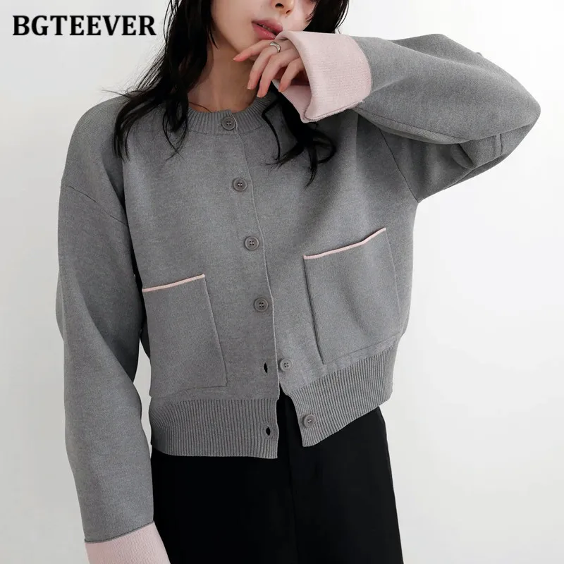 

BGTEEVER Elegant Single-breasted Ladies Patchwork Cardigans Sweaters Autumn Winter Female Knitted Tops