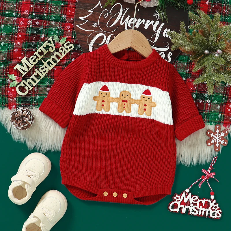 Christmas Baby Bodysuit Knitted Newborn Child Xmas Clothes Cute Gingerbread Man Tops Infant Boys Girl Jumpsuit Long Sleeve 0-18M