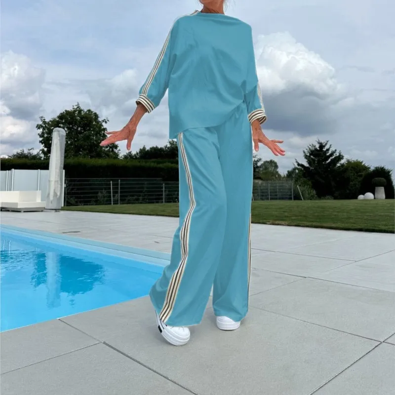 Traje deportivo de béisbol holgado informal para mujer, Tops y pantalones con estampado a rayas, conjuntos de dos piezas, trajes de pantalones registradores de otoño