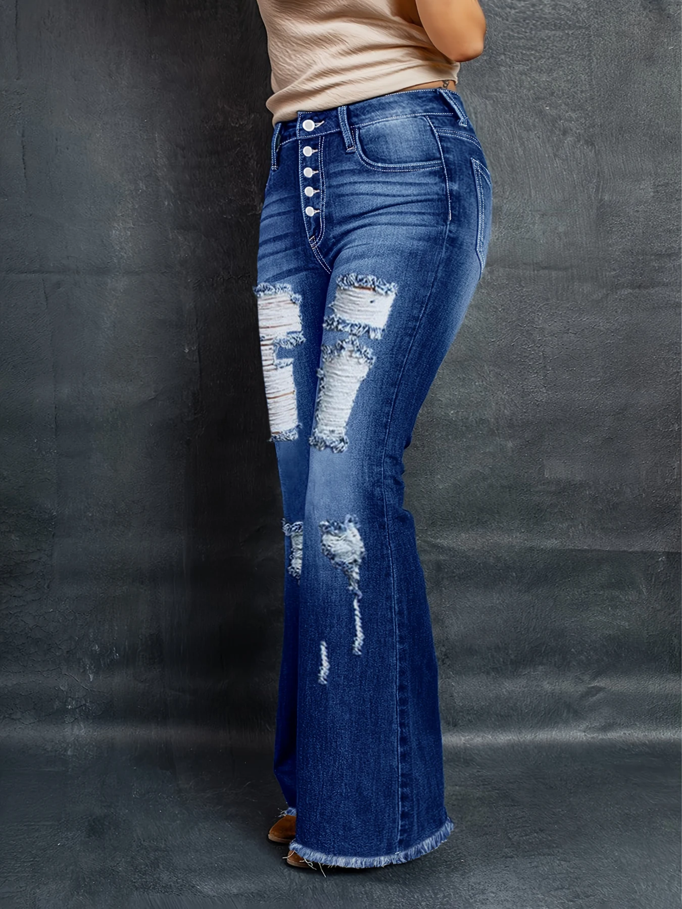 جينز نسائي عالي الخصر، جينز بأزرار سفلية واسعة الساق باللون الأزرق الداكن، مناسب للحرم الجامعي أو ملابس العمل، طراز Y2K.