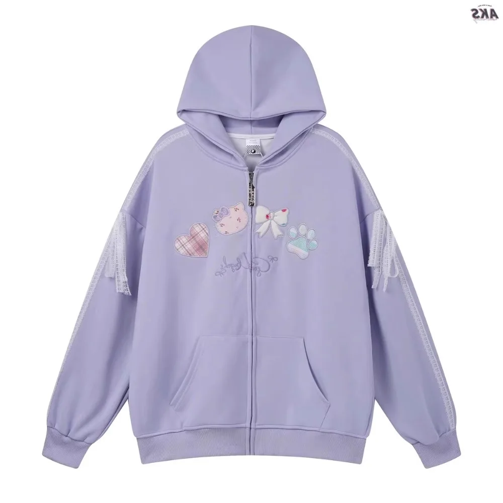 High Quality Embroidery Hoodie Jacket Sweet Cute Cat Cartoon Sweatshirts Coat Lolita Girl Kawaii Clothes Japanese Oversize Loose