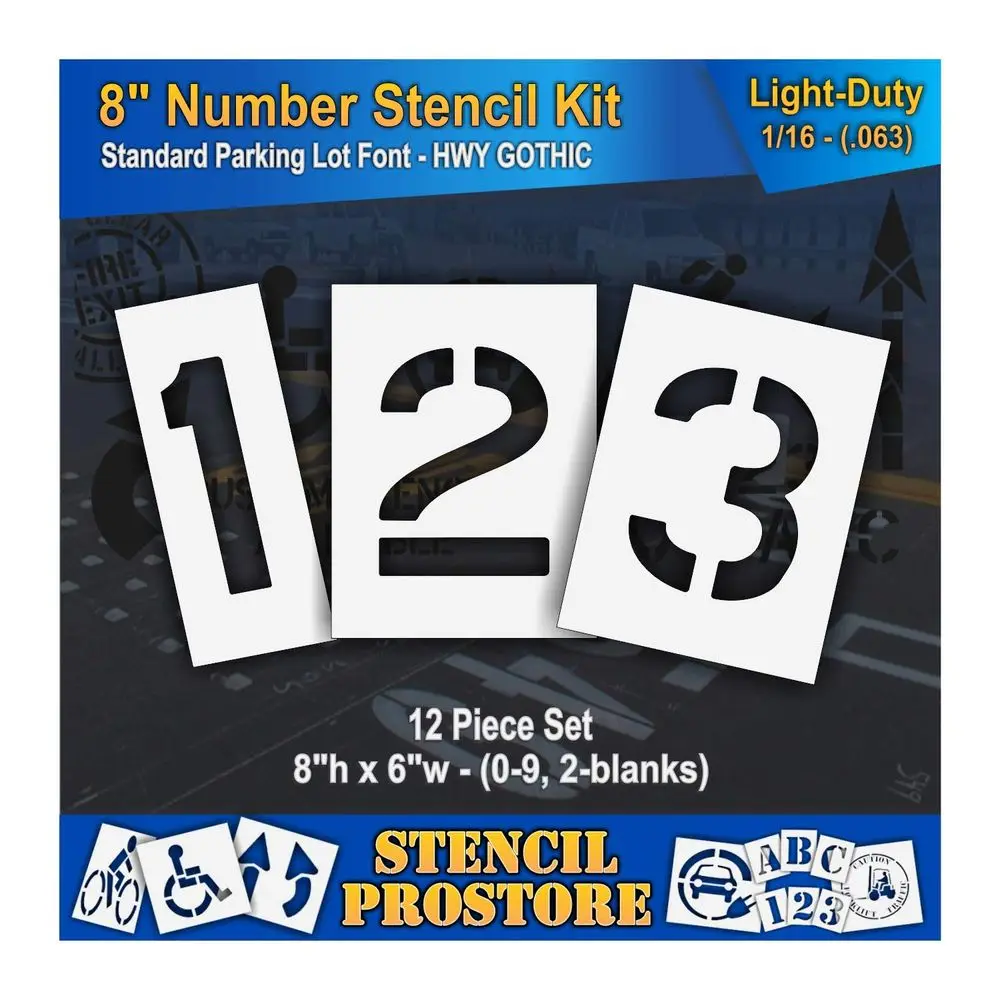 

Pavement Stencils - 8 inch Number KIT Stencil Set - (12 Piece) - 8" x 6" x 1/16" (63 mil) - Light-Duty