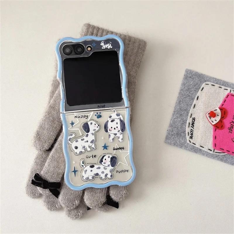 삼성 갤럭시 ZFlip 5 6 5G Flip5 ZFlip6 4 3 한국어 카와이 웨이브 안티 폴 백 케이스 용 팔찌 전화 케이스가있는 귀여운 스타 강아지