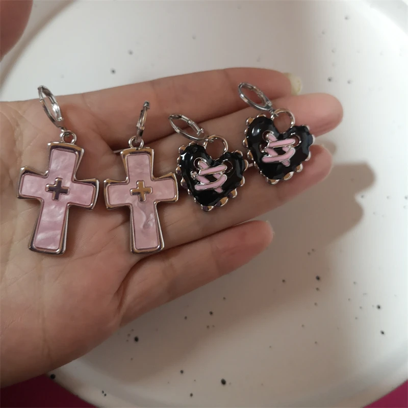 Pendientes cruzados de corazón y estrella de cristal rosa para mujer, moda coreana, pendientes colgantes para Piercing, joyería estética para fiesta