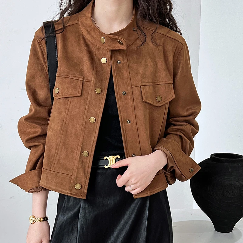 

Винтажная замшевая короткая куртка для женщин, новая осенняя милая крутая мотоциклетная куртка, однобортное коричневое пальто с длинными рукавами