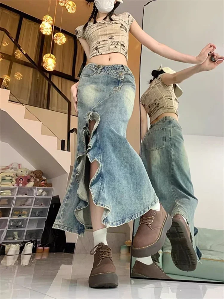 Dames Onregelmatige Ruche Rand Enkellange Denim Rok Cool Girl Vintage Mode Zomer Vrouwelijke Street Style A-lijn Grote Rokken