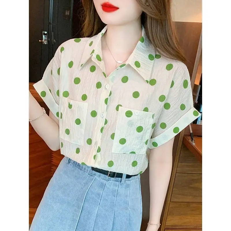 Summer Woman Clothes Green Polka Dot Polo-neck Short Sleeve Shirt Chiffon Simplicity Elegant Fashion Temperament Korean Style